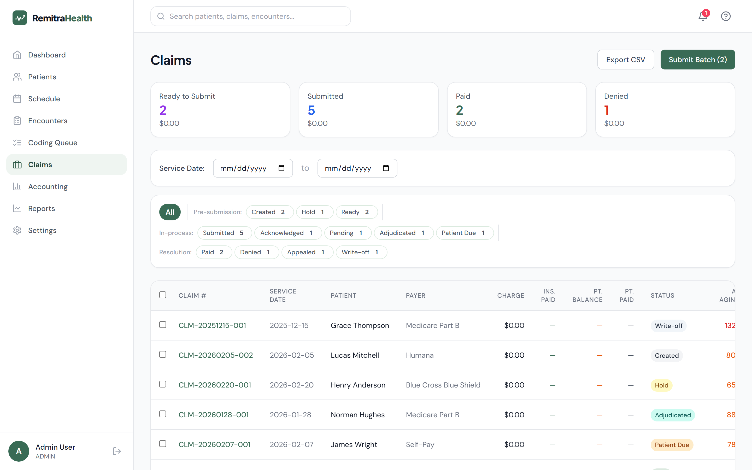Claims workqueue with status filters, totals, and denial reason codes